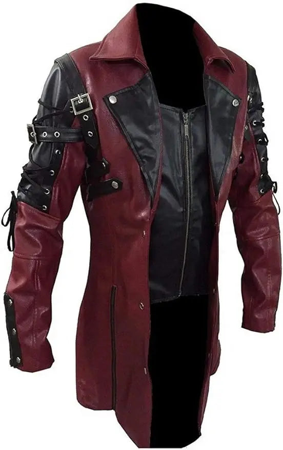 Men's Gothic Trench Coat Leather Punk Style Biker Jacket