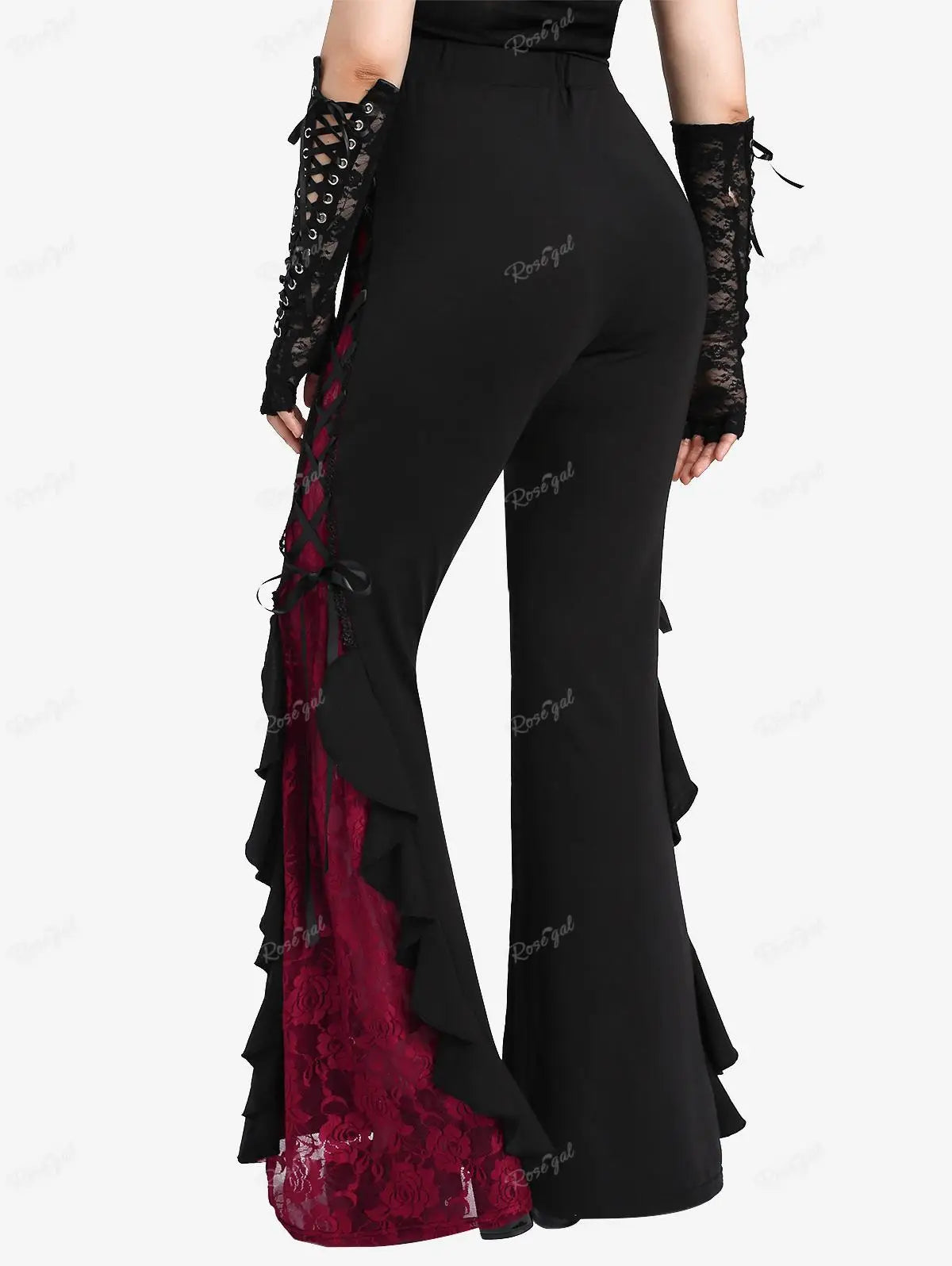 Gothic Lace Panel Lace-up Ruffle Flare Pants Elastic Waist Pull On Pant Colorblock Bell Bottom