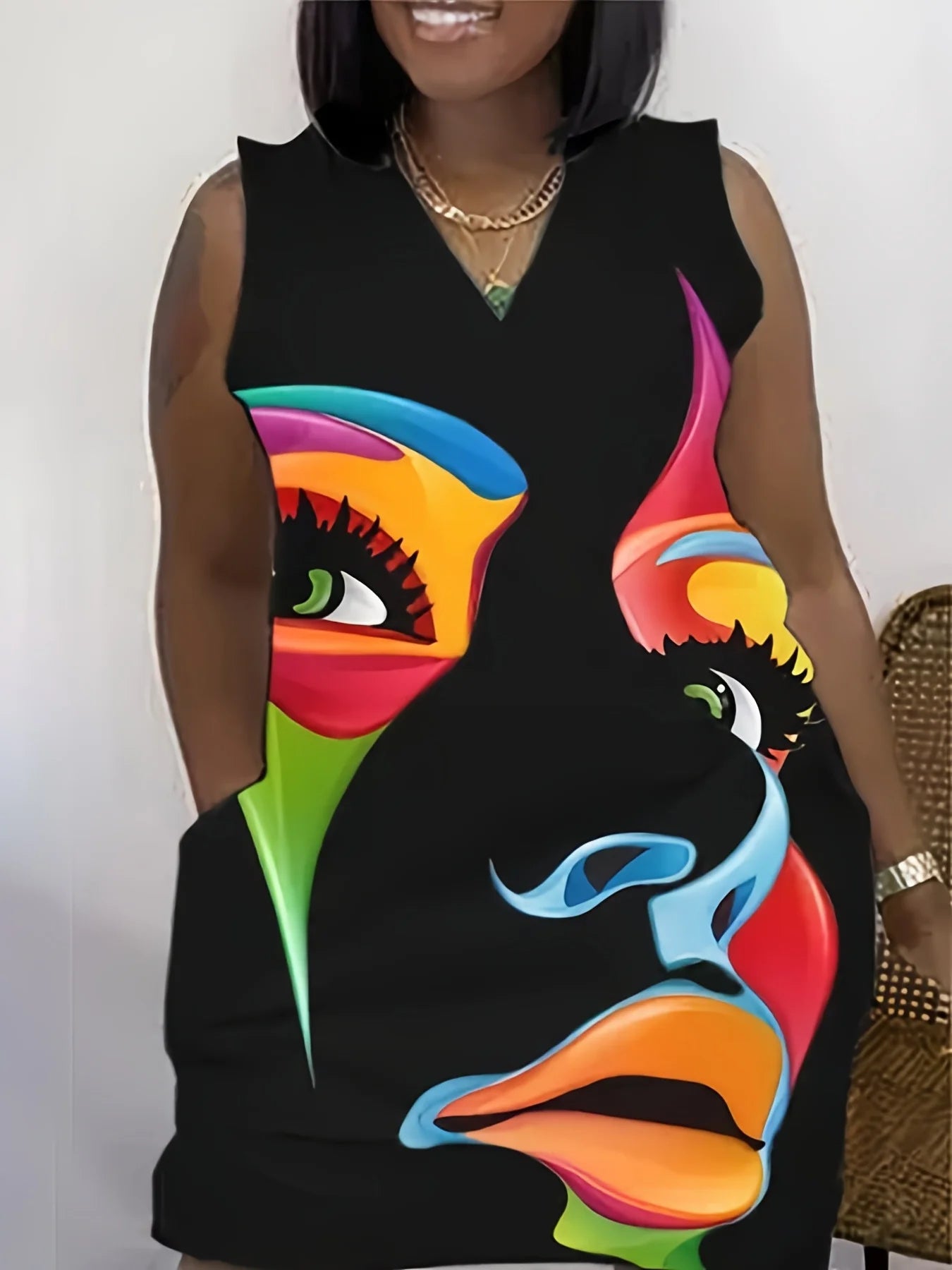 Oversized Geometric Painted Portrait Print Tank Dress