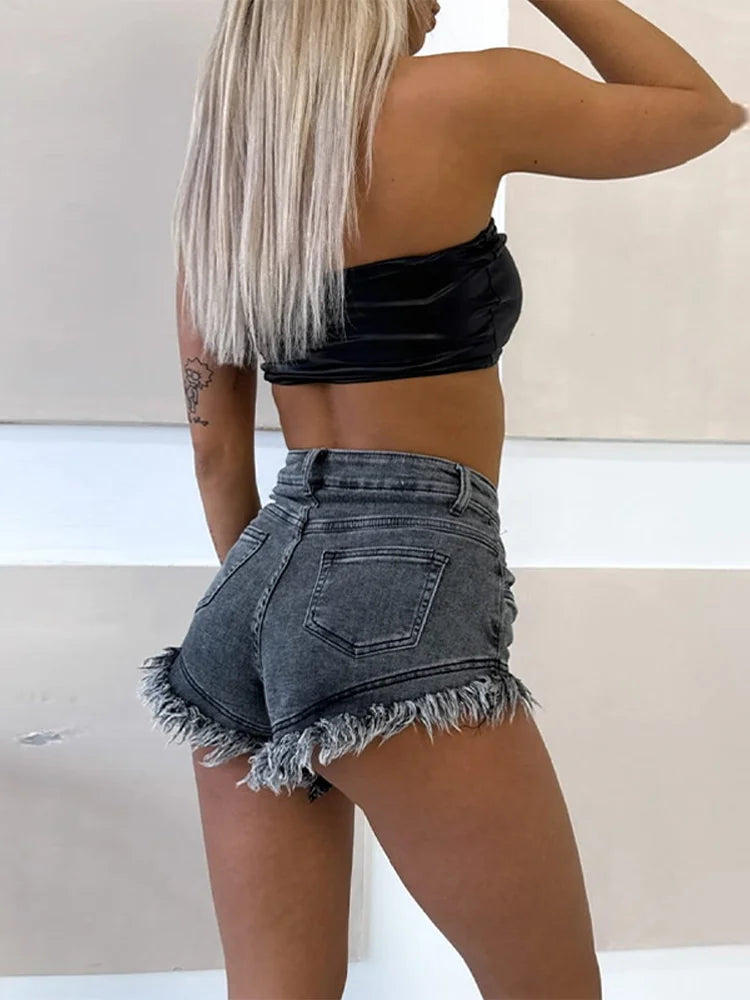 Denim Shorts Pants Low Rise Slim Lady Crop jeans Distressed Chic Casual Short Trousers