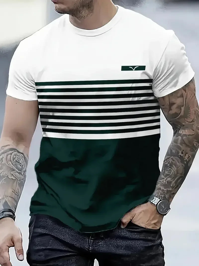 Classic Summer Men's T-shirt Loose Street Stripe Print Short Sleeve Round Neck