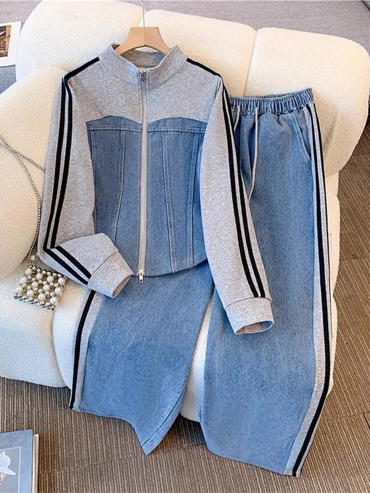 Women Preppy Style Patchwork Contrast Denim Sets Stand Collar Elastic Jeans 2 Piece Suit Streetwear Comfort