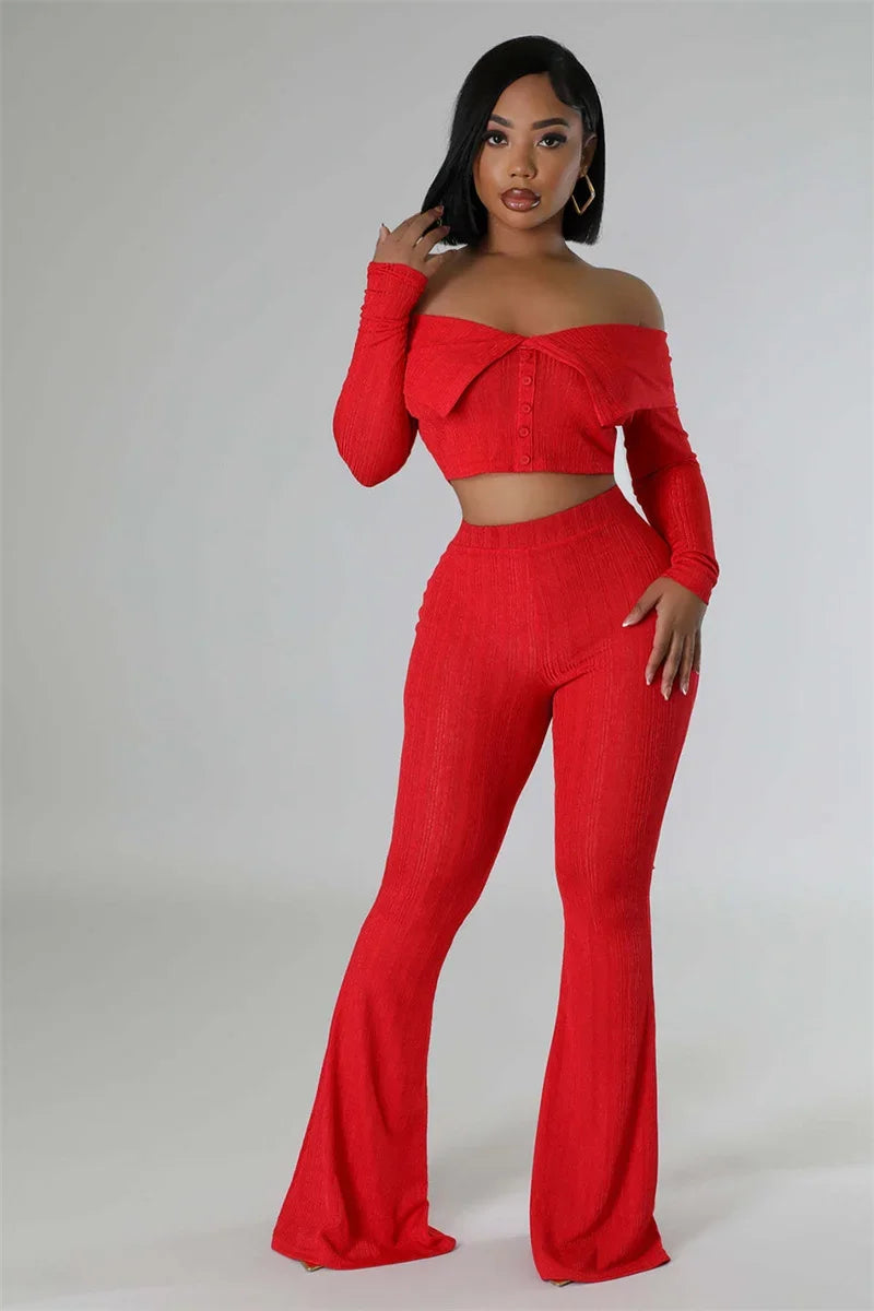 Knitted Two Piece Set Off Shoulder Slash Neck Crop Top and Flare Pants Set