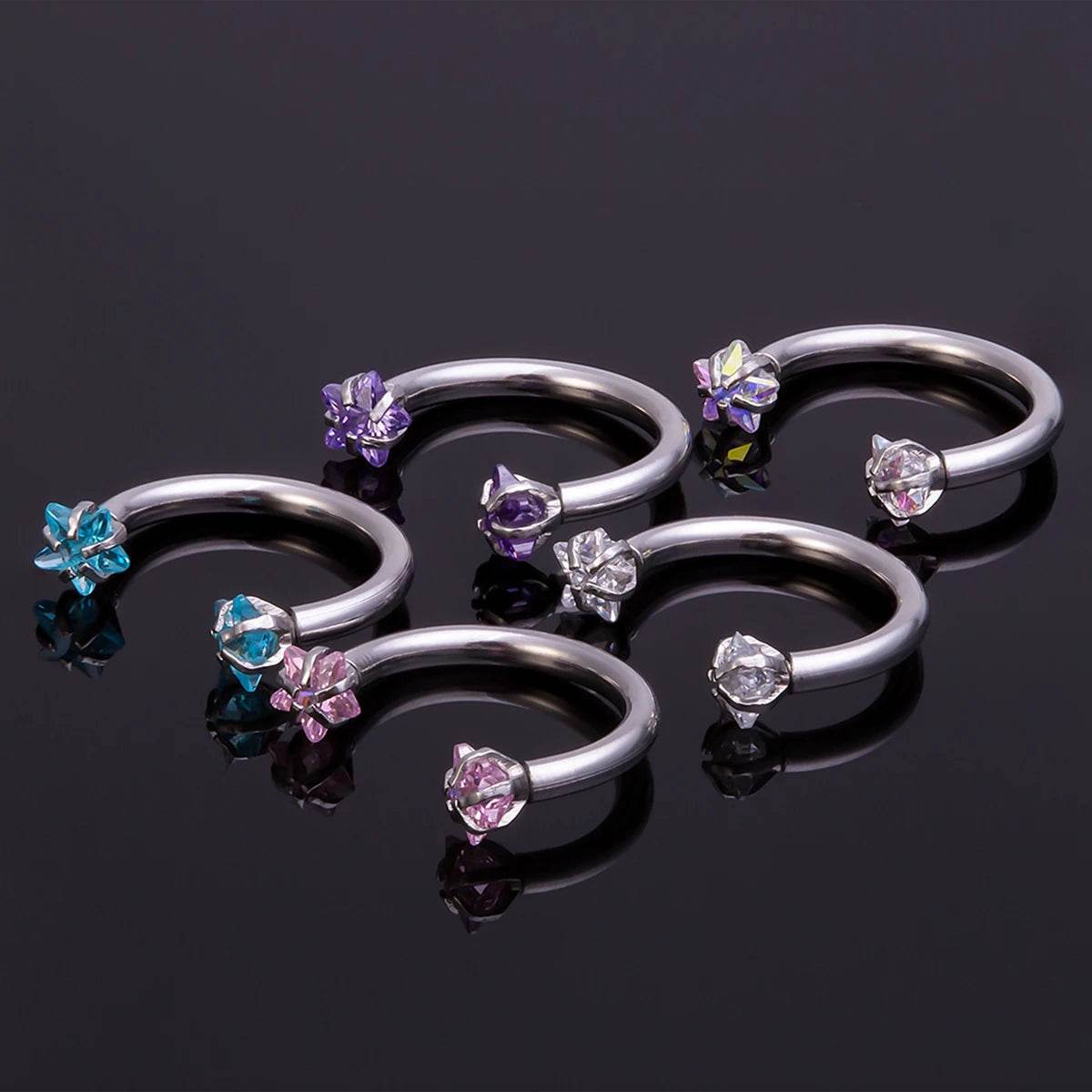 1pc Star Round Zircon Horseshoe Septum Piercing Nose Ring Hoop Eyebrow Lip Ring 8mm 16G - Fashionqueene.com