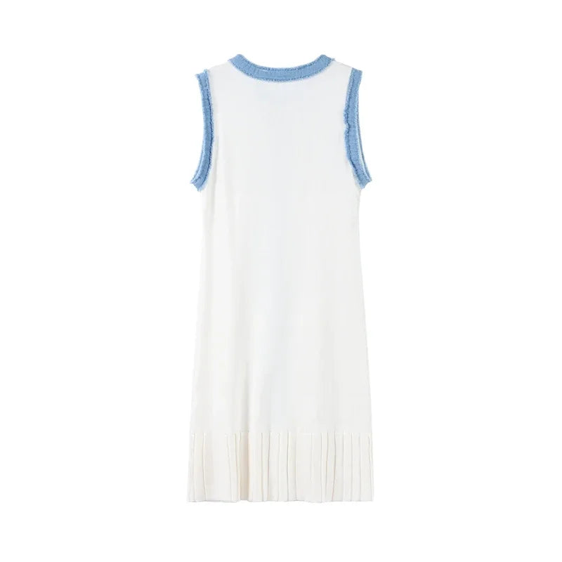 Denim Patchwork Skirts Round Collar Sleeveless Slim Dress Single-breasted Splicing