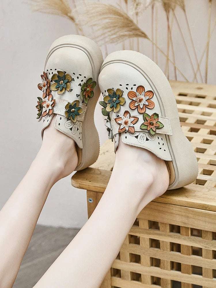 5cm Cow Genuine Leather Flats Comfy Shoes Platform Wedge Appliques Flower Hook Hollow Elthnic Women Slipper Mary Jane Rubber beige / 35 red / 40 red / 39 beige / 35-red / 40-red / 39-red / 38-red / 37-red / 36-red / 35-beige / 40-beige / 39-beige / 38-beige / 37-beige / 36-