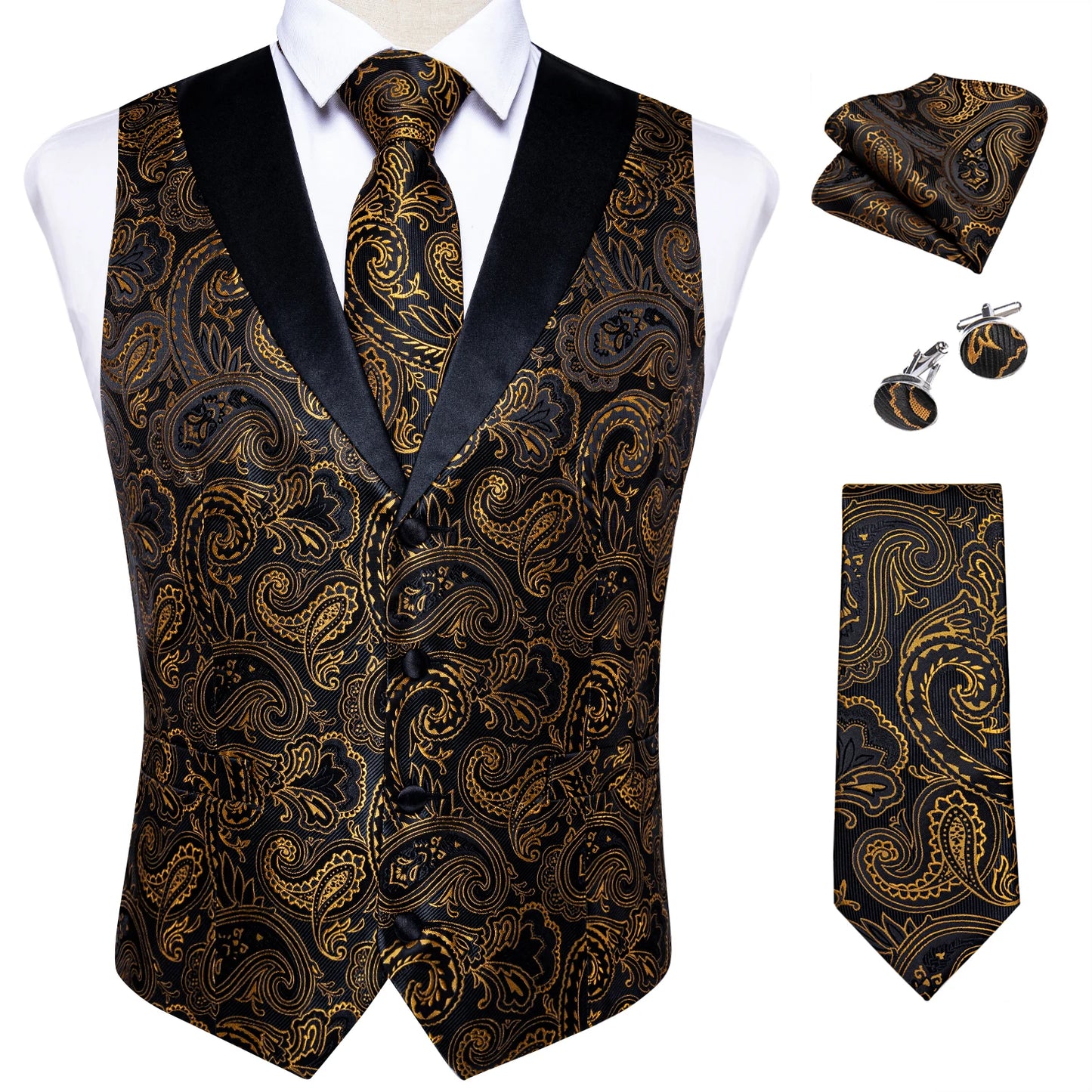 Men's Paisley Silk Suit Vest with Macthing Golden Paisley Neck Tie Handkerchief Cufflinks Wedding Prom Tuxedo Waistcoat