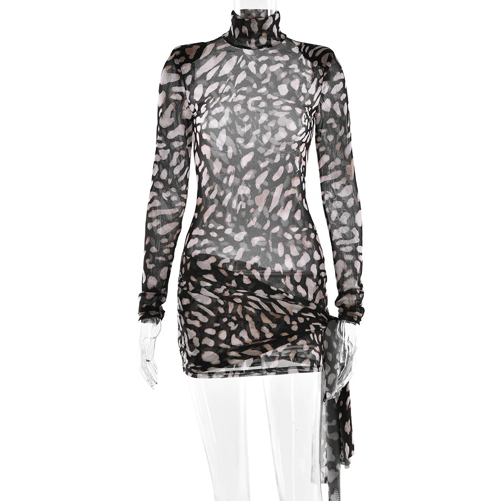 Fantoye Turtleneck Sheer Print Leopard Bandage Dress Long Sleeve Mini Slim Elegant Leopard / L Black / S Black / M Leopard / L-Black / S-Black / M-Leopard / S-Black / L-Leopard / M-