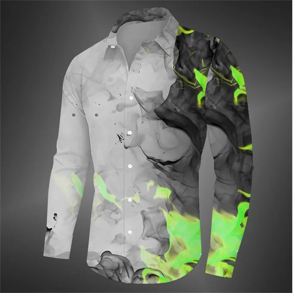 Flame Men's Shirt Button Shirt Party Lapel Shirt Long Sleeve Black, Yellow, Blue