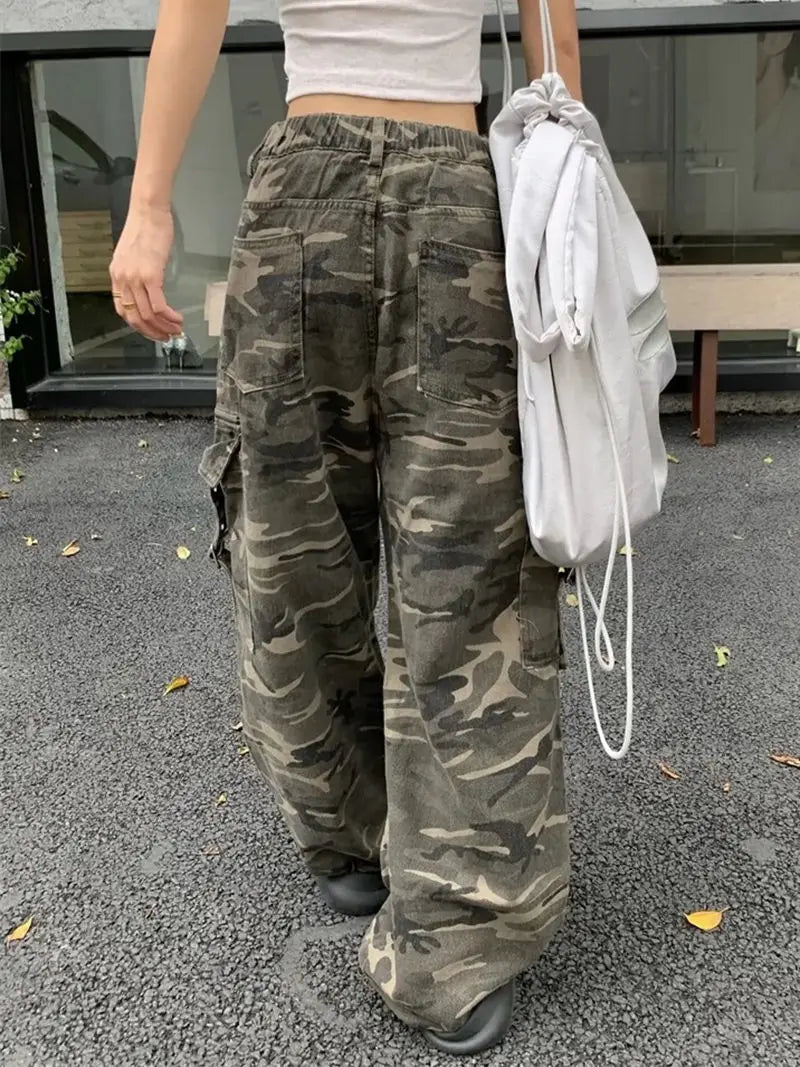 Distressed Camouflage Overalls Straight Jeans Baggy Jeans Harajuku Y2k Hot Girl Trousers