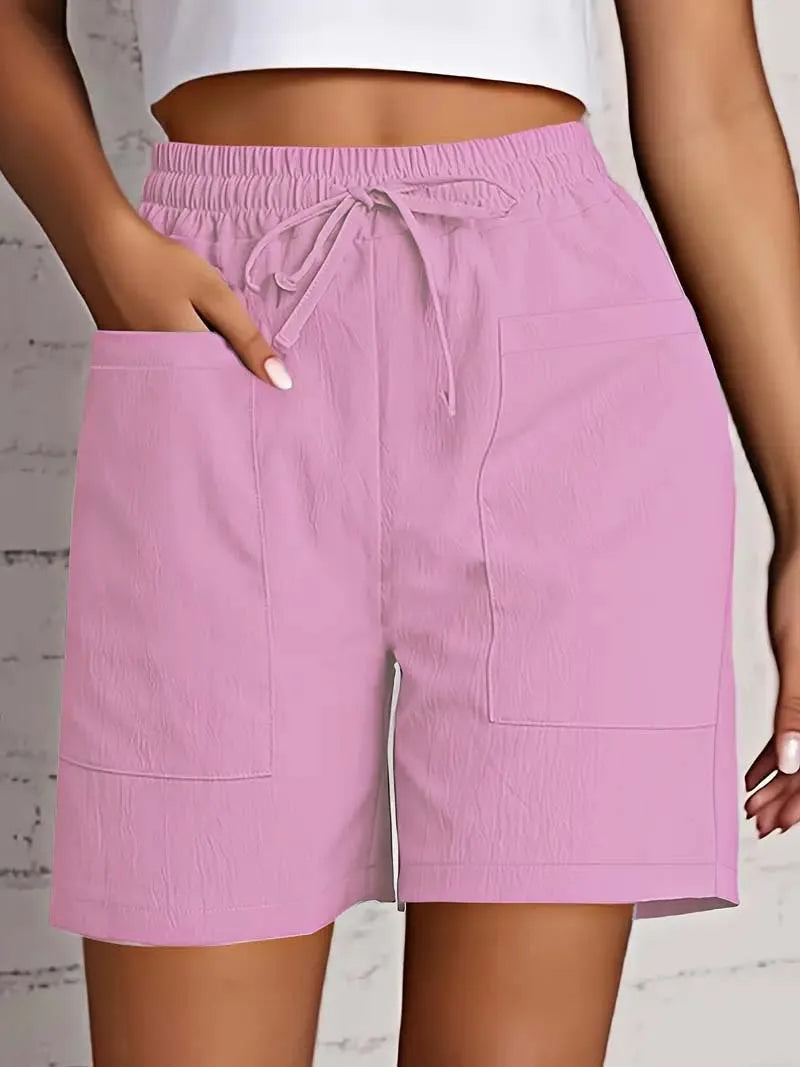 Summer New Women's Solid Color Pocket Loose High Waist Casual Fashion Quarter Shorts