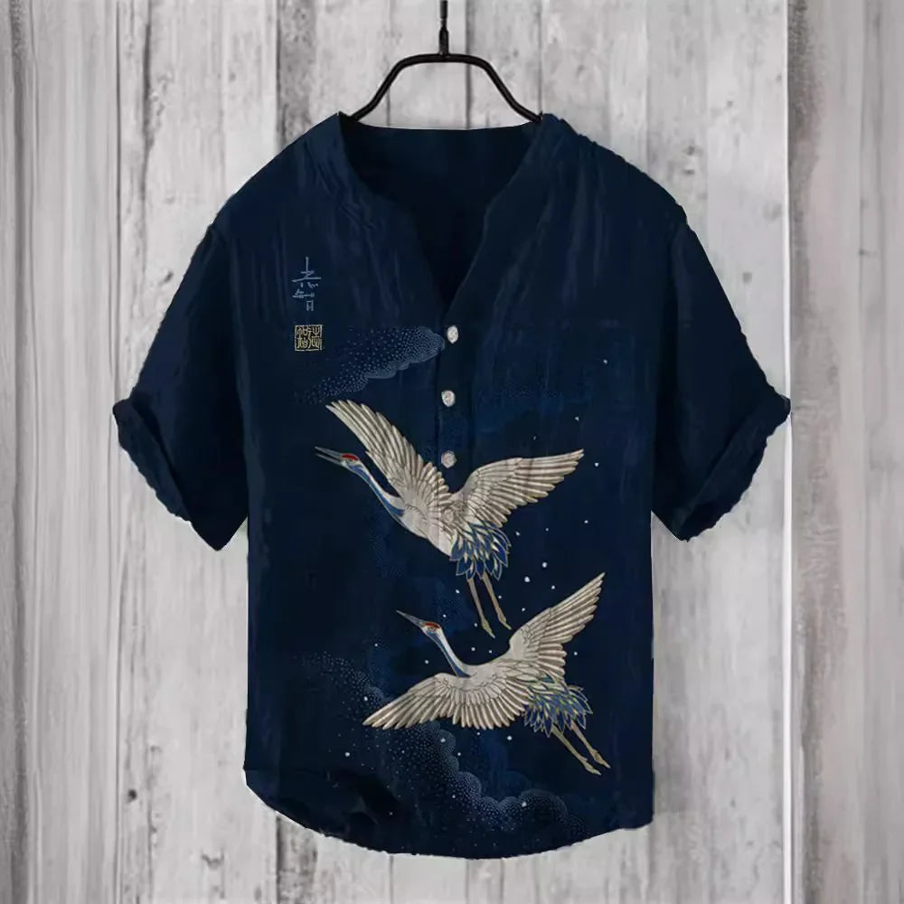 3D digital heat transfer animal landscape 3-button large size stand-up collar short-sleeved shirt