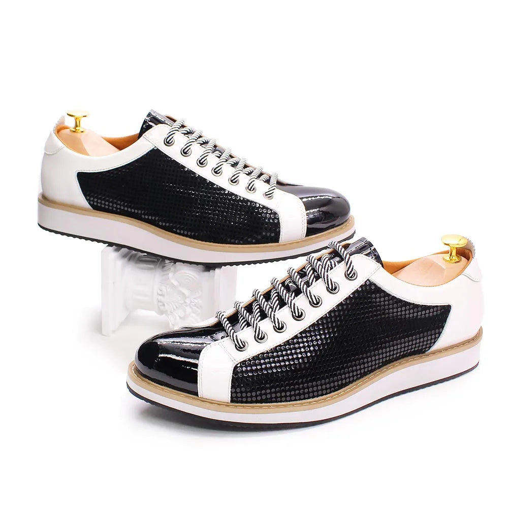 Luxury Brand Large Size Men's Flat Sneakers 6 to 13 Patent Leather Lace-up Black White Casual Shoes for Men