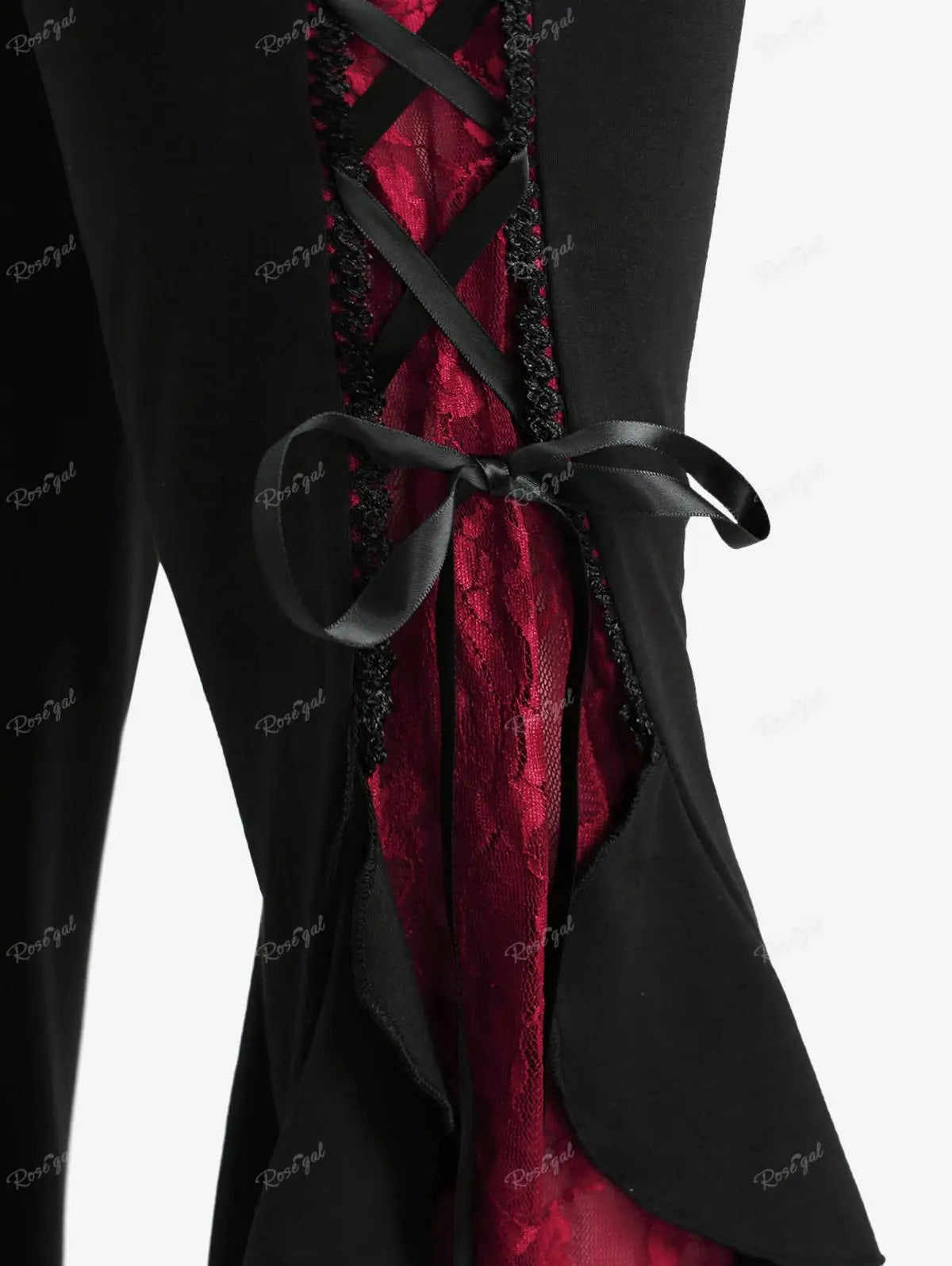 Gothic Lace Panel Lace-up Ruffle Flare Pants Elastic Waist Pull On Pant Colorblock Bell Bottom
