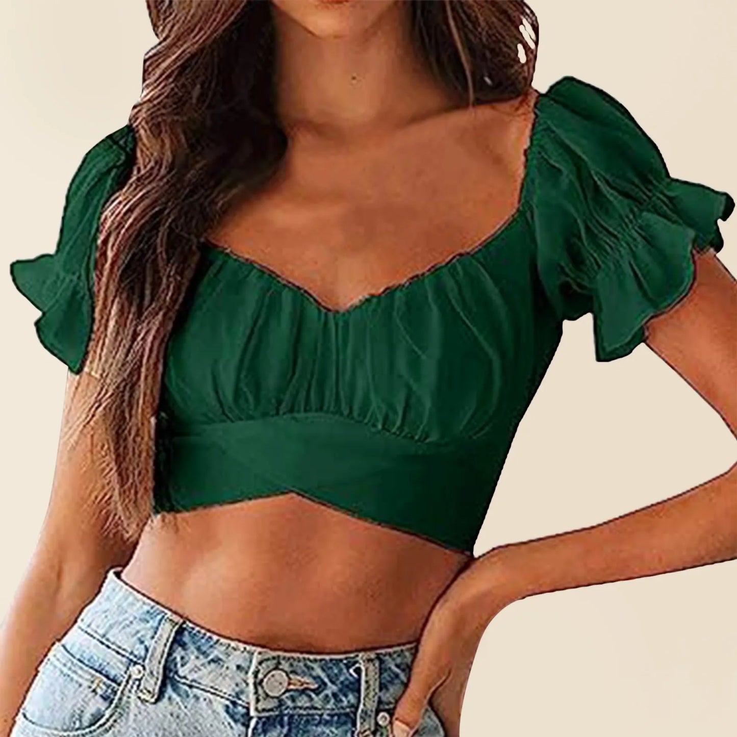 Deep V Neck Cropped Top Ruffled Short Sleeve Backless Tight Tank Top Watermelon Red / XL / United States Watermelon Red / S / United States
