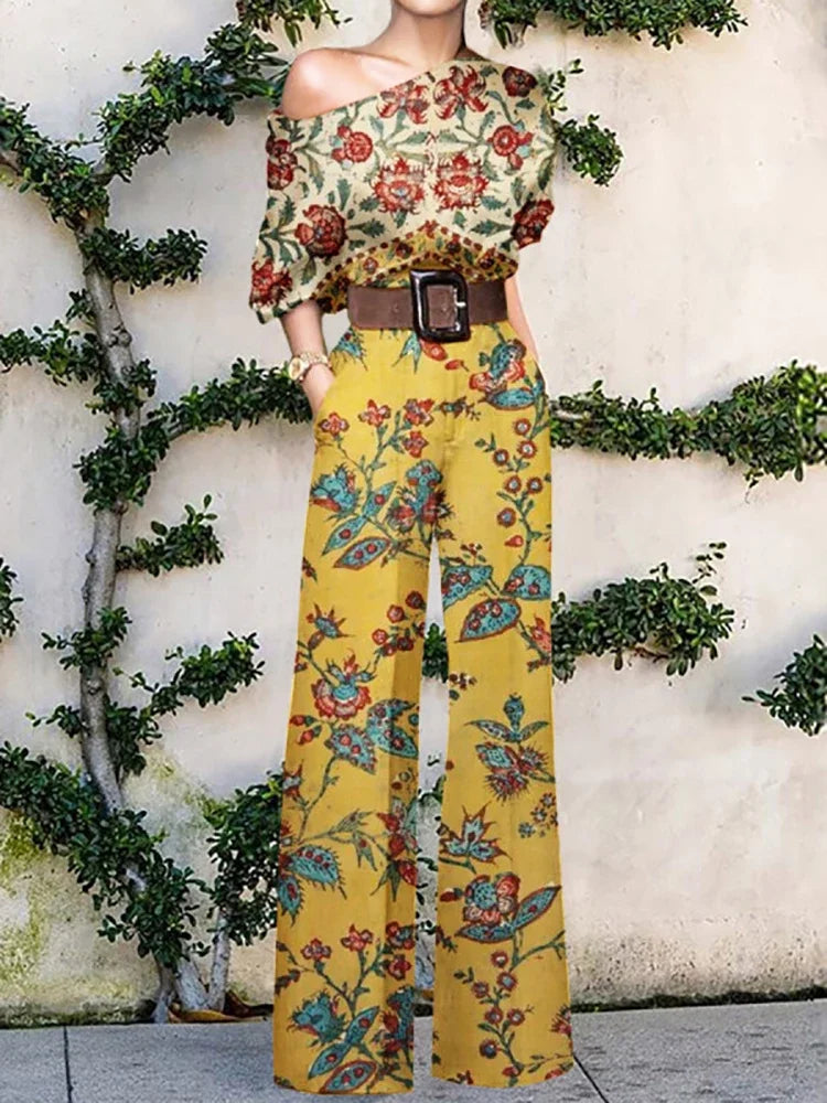 Elegant Pattern Print Party Jumpsuit Off Shoulder Wide Leg Pant Playsuit