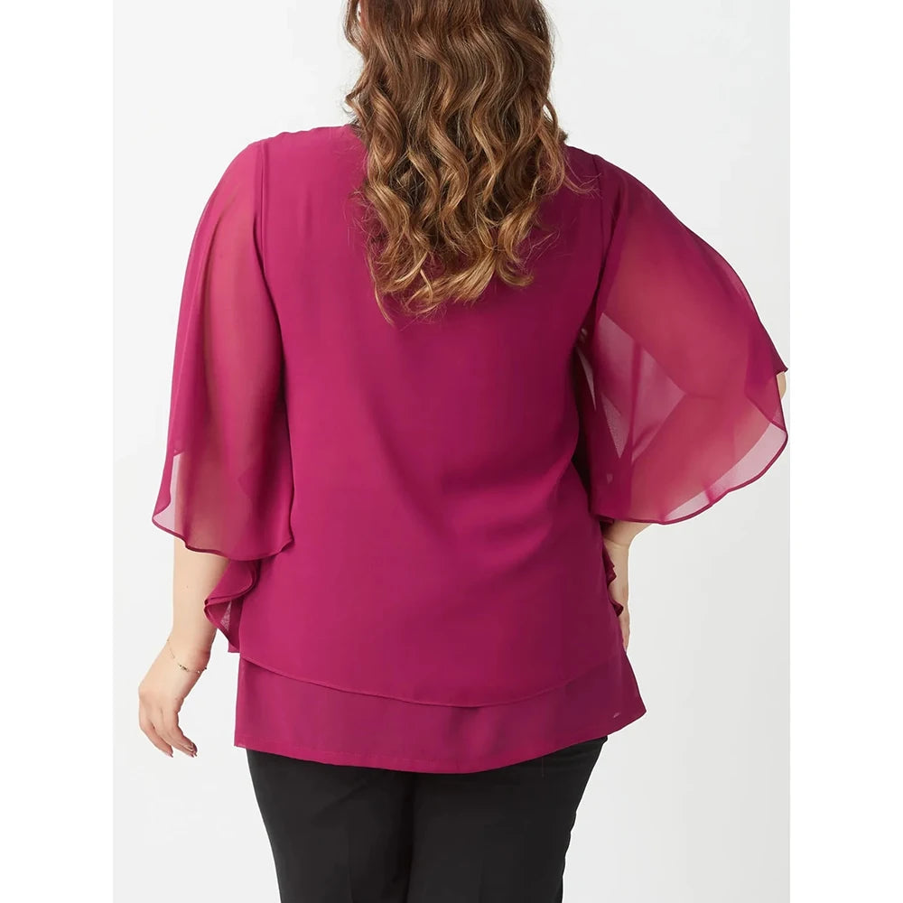 Women Plus Size Mesh Tierred Patchwork Blouse Round Neck Half Sleeves Elegant Female Shirts Pullovers Summer Office Lady Blouses