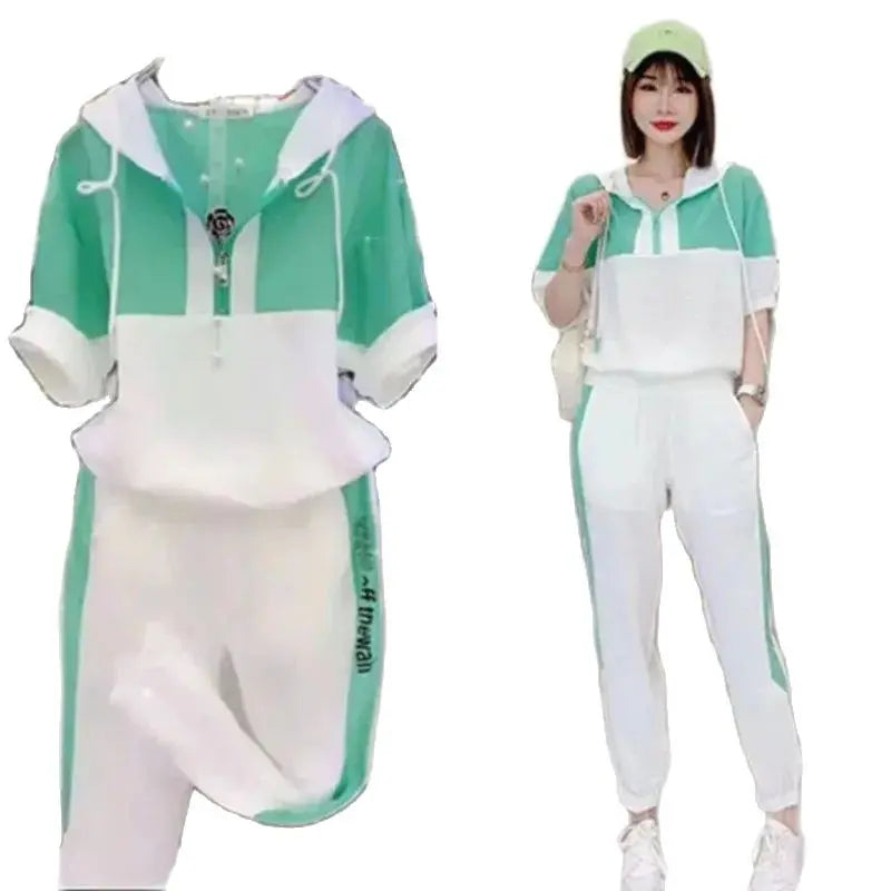 Women's Fashion Tracksuit Casual Suit Short Sleeve Hooded Top Pants Two Piece Set For Women