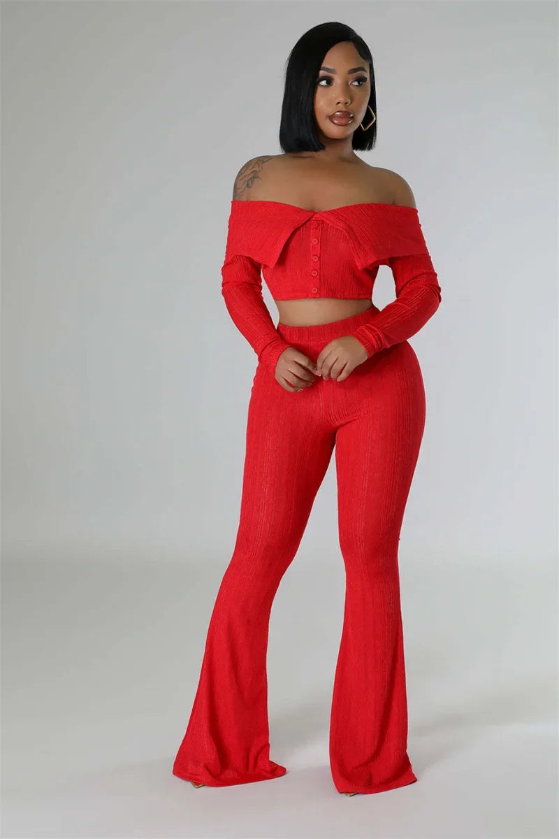 Knitted Two Piece Set Off Shoulder Slash Neck Crop Top and Flare Pants Set
