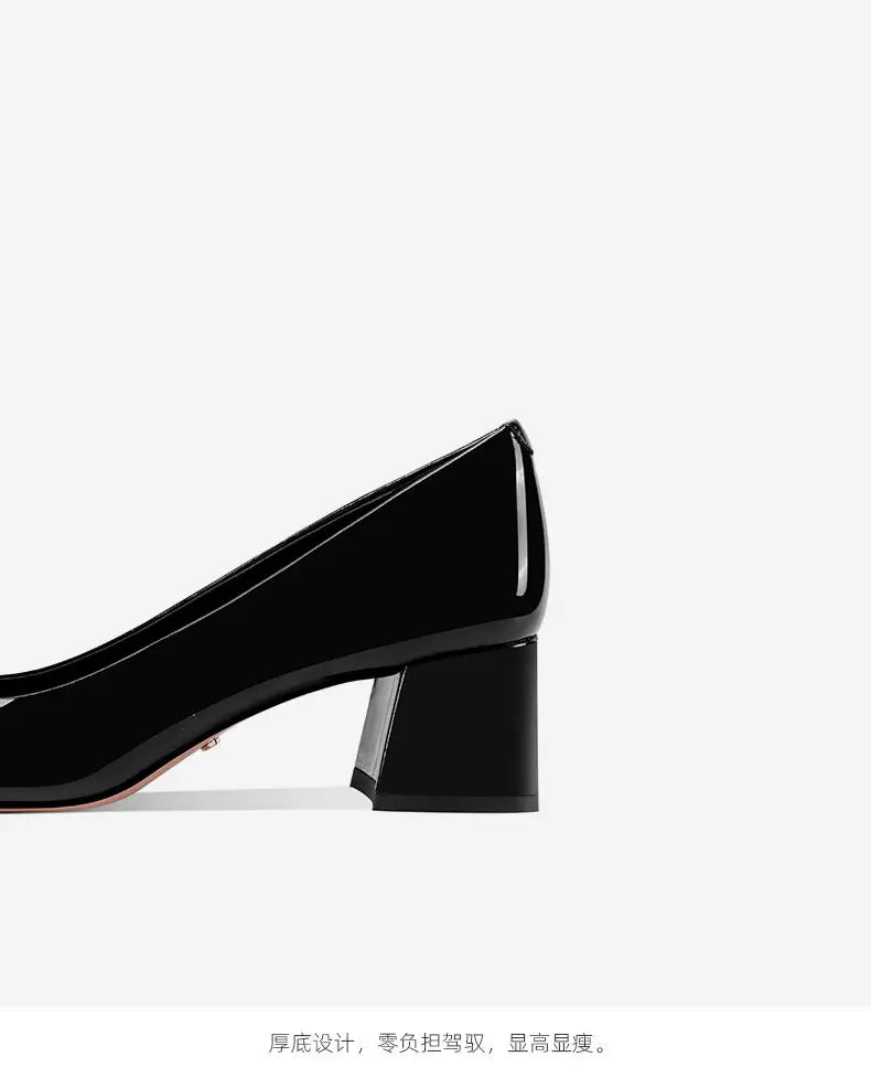 Ladies pumps chunky heels leather square head shallow mouth comfortable