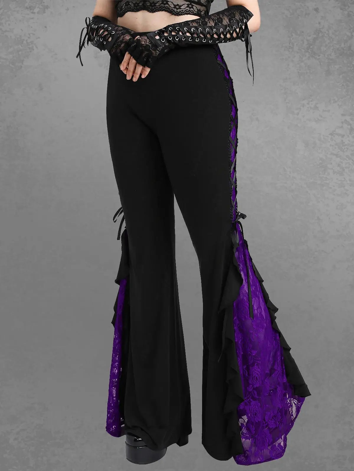 Gothic Lace Panel Lace-up Ruffle Flare Pants Elastic Waist Pull On Pant Colorblock Bell Bottom