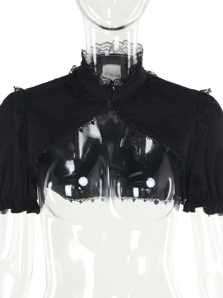 Vintage Gothic Smock Women Elegant Cute Lace Patchwork Puff Sleeve Crop Tops Aesthetic Fairy