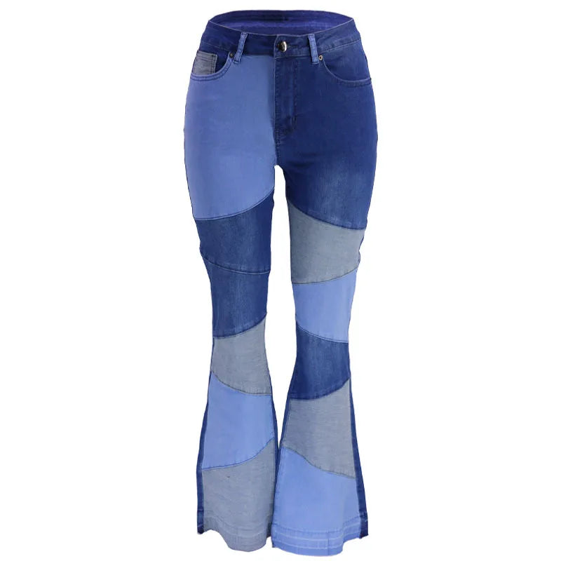 Women Flare Jeans Casual Pants Pannelled Collision High Waist Fit Female High Quality
