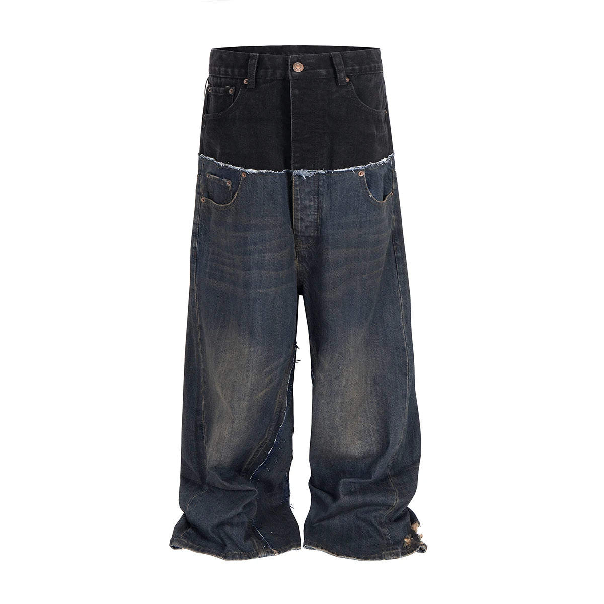CUT-UP Double-layer Double Waist Patchwork Baggy Jeans for Men and Women Straight Casual Loose
