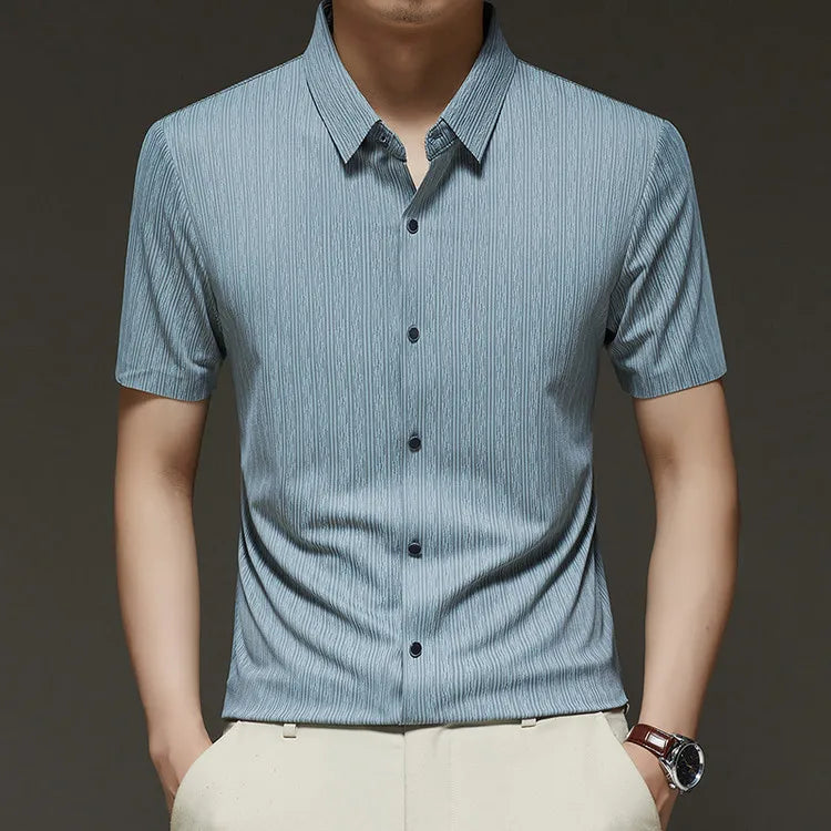 Men's Slim Fit Short Sleeve Dress Shirt Premium Spandex Stretch Fabric Solid Colors Business Casual