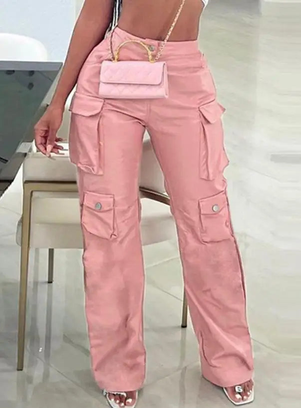 Pink Cargo Pants Straight Leg Solid Multi-Pocket Design High Waist Pu Leather Loose