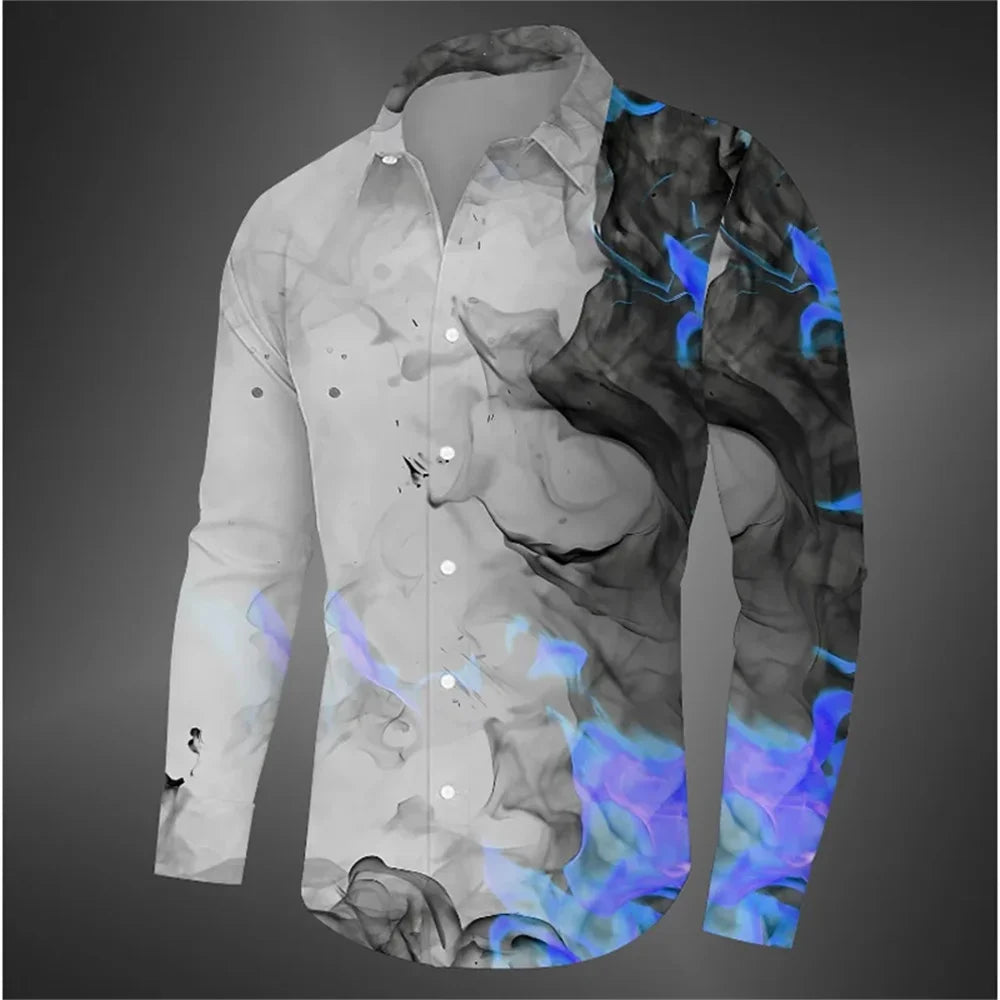 Flame Men's Shirt Button Shirt Party Lapel Shirt Long Sleeve Black, Yellow, Blue