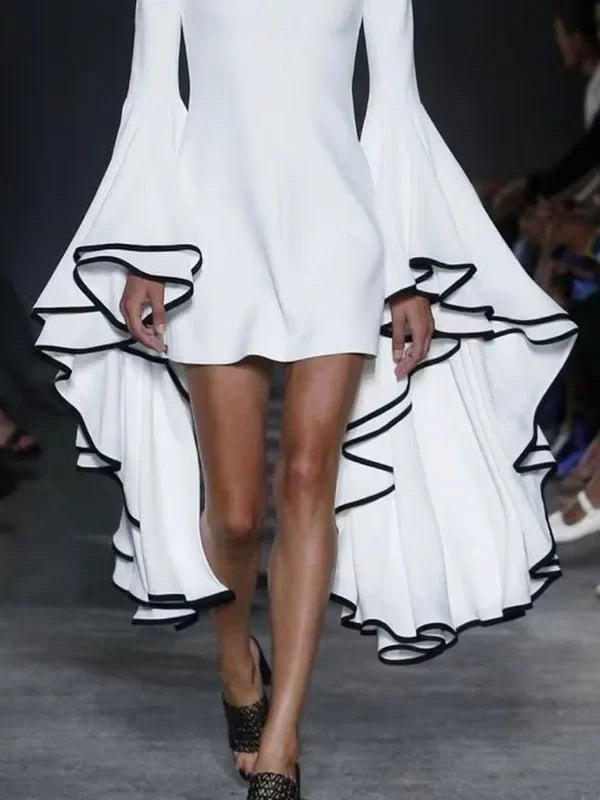 Elegant Flared Sleeves Party Evening Stand Collar Slim Fit White A-line Dress