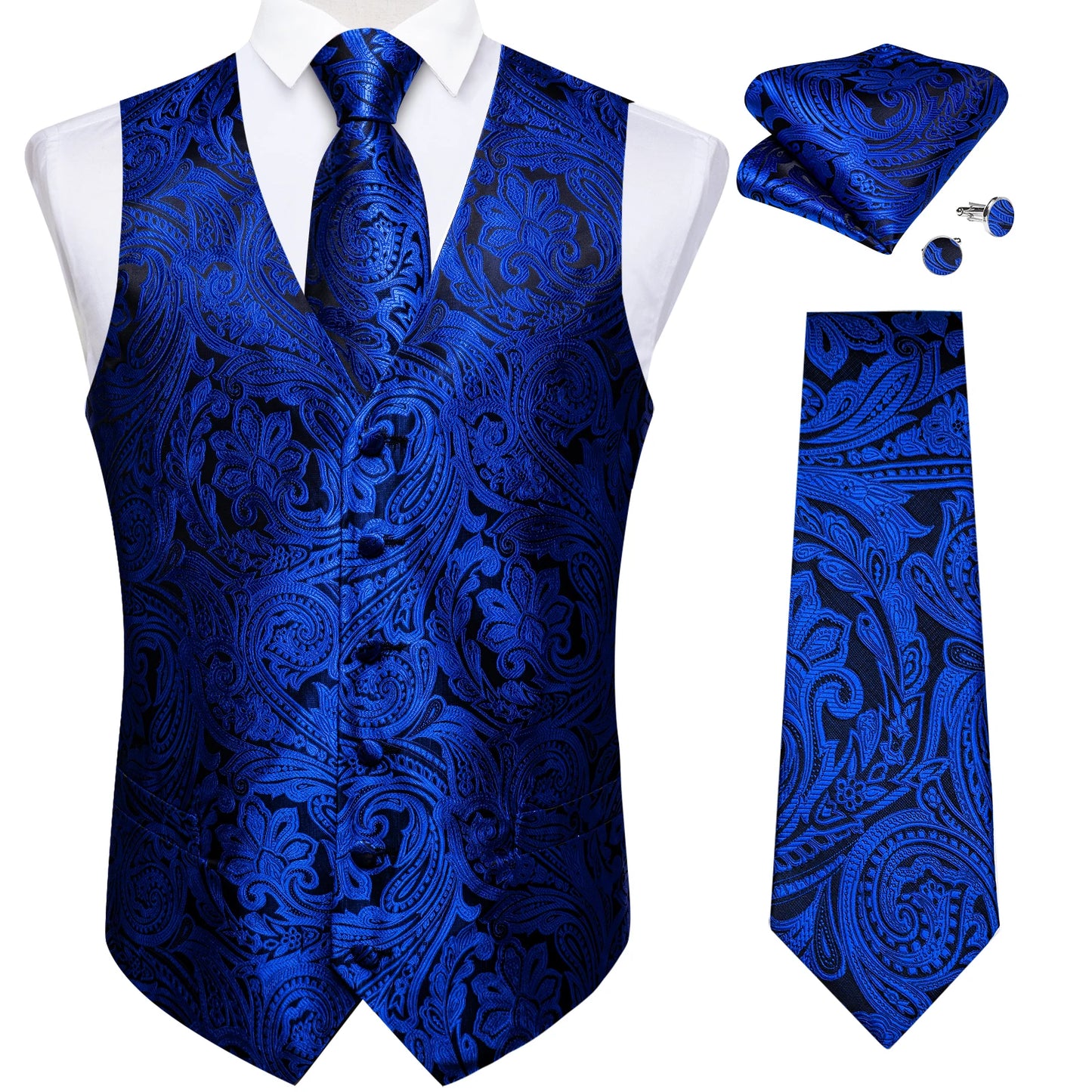 Luxury Paisley Men's Suit Vest Black Pink Red Wedding Prom Tuxedo Waistcoat Necktie Handkerchief Cufflink Sleeveless Jacket Vest