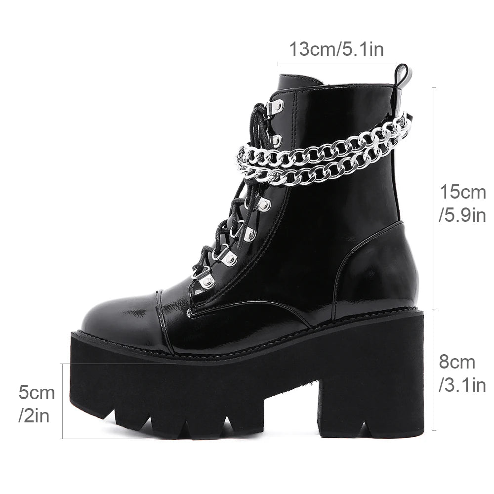Gothic Black Boots for Women Chain Chunky Heel Platform Ankle Boots Zipper