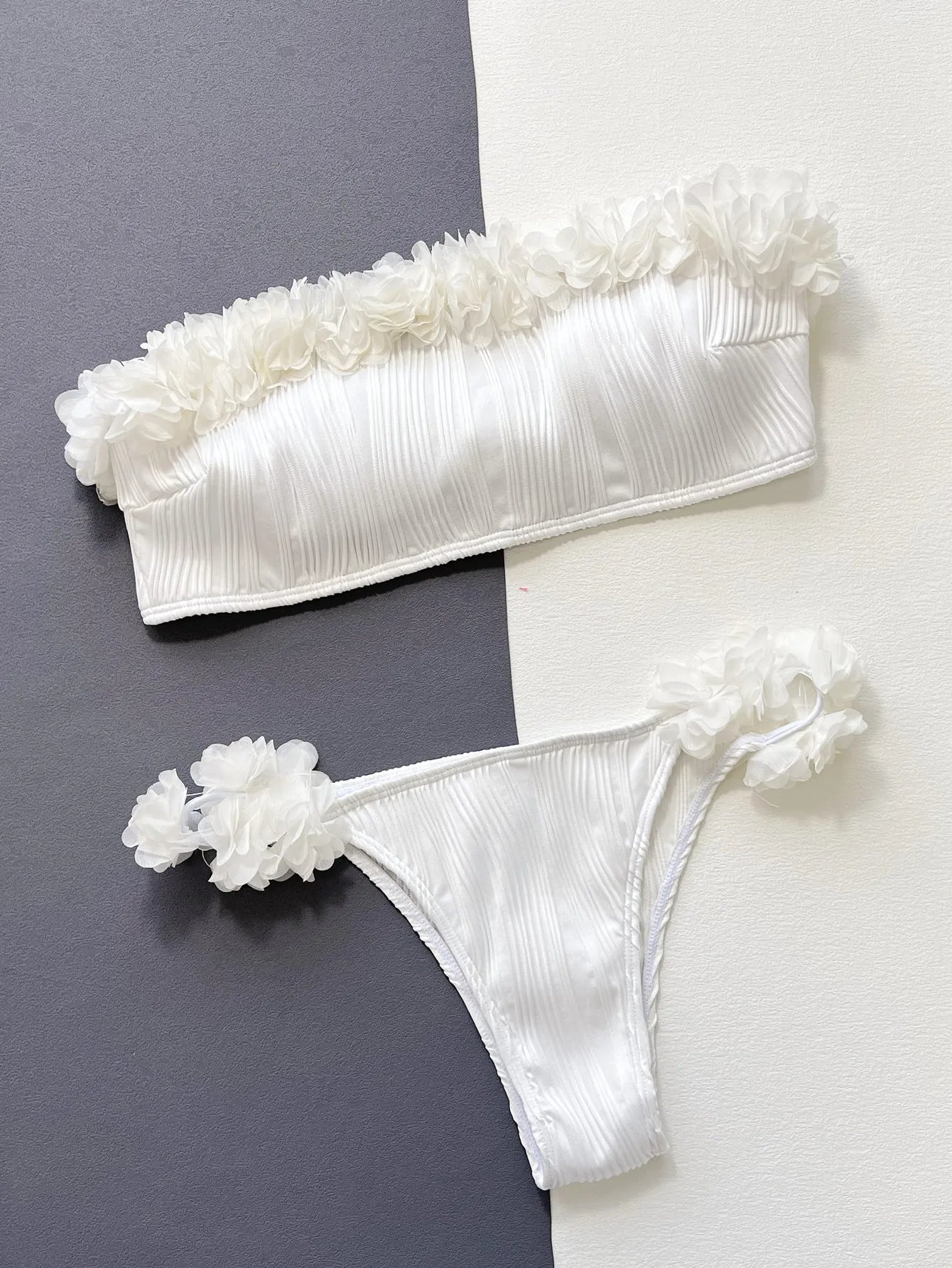 Lace Ruffle Strapless Backless Bikini Set White High Waist Swimwear