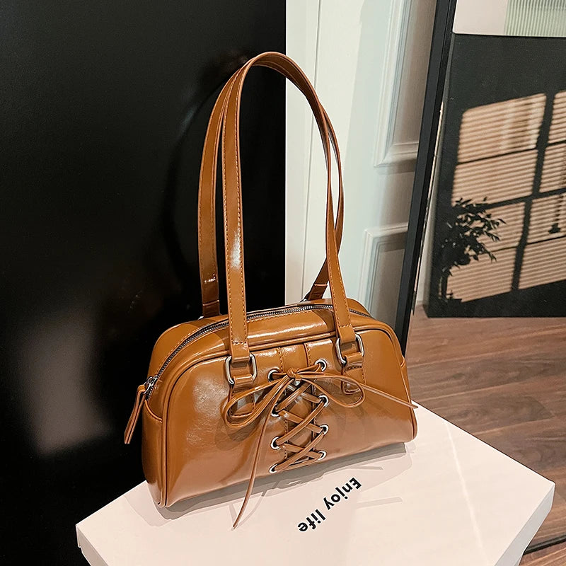 Shoulder Bag for Women Solid Color Boston Tote Bag PU Leather Bowling Handbag Hobo Bag for Work Travel