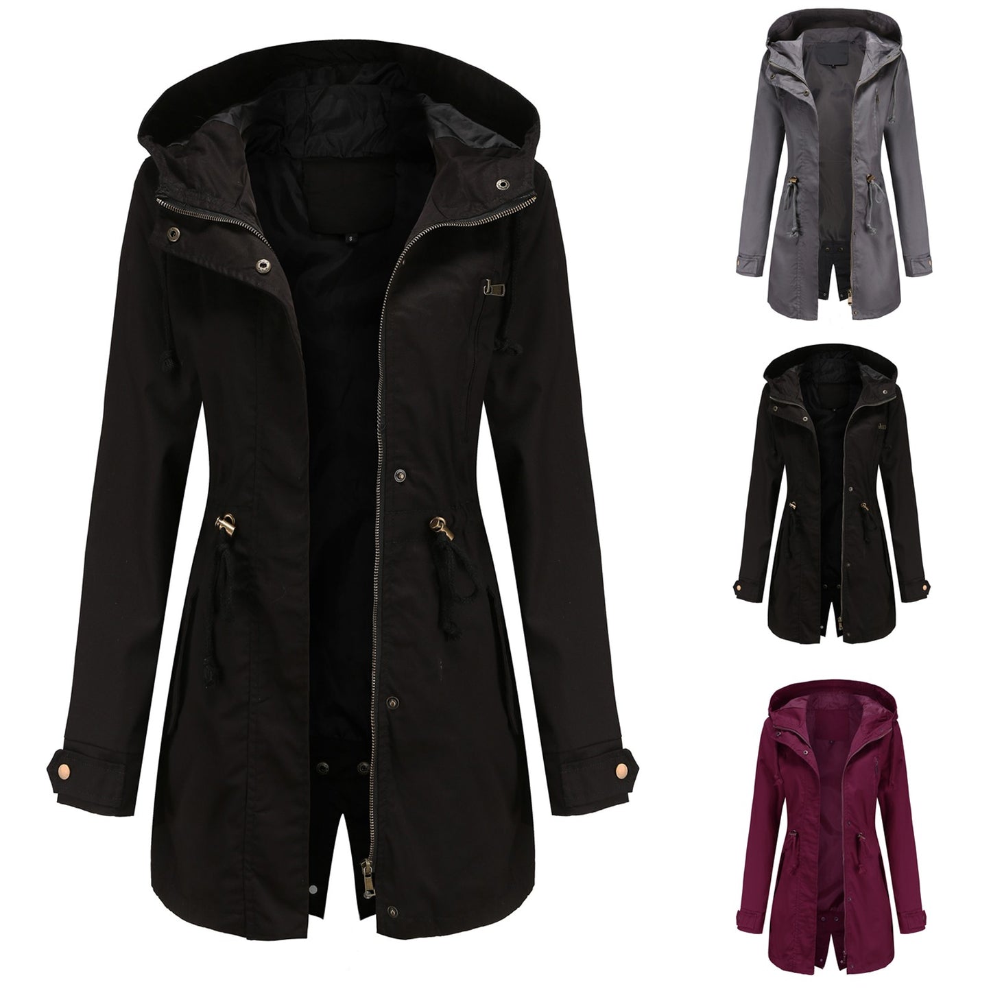 Women Jacket Windproof Windbreaker Trench Coats Female Hooded Drawstring Long