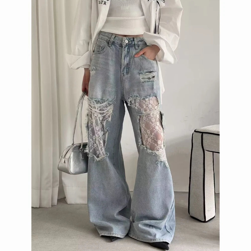 American Style Hottie Hole Lace Spliced Jeans for Women Y2k Fashion High Waist Loose Wide Leg Pants