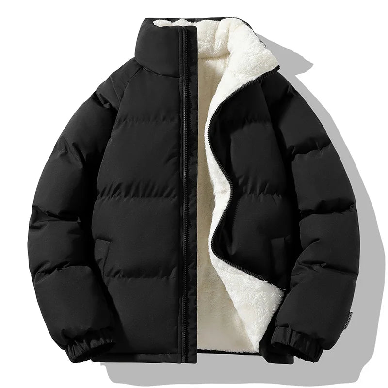 Warm Parka Coat Fleece Inside Male Solid Color Stand Collar Cotton Jacket Men's