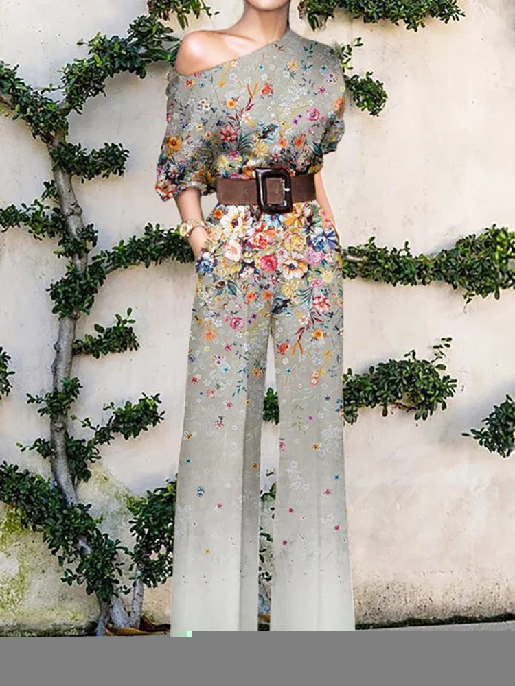 Elegant Pattern Print Party Jumpsuit Off Shoulder Wide Leg Pant Playsuit