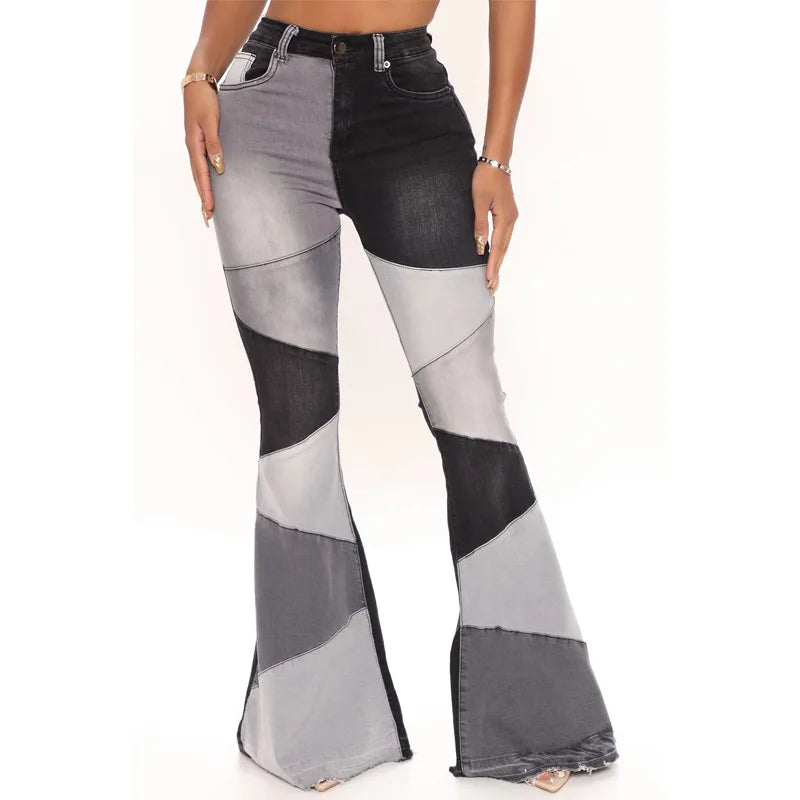Women Flare Jeans Casual Pants Pannelled Collision High Waist Fit Female High Quality