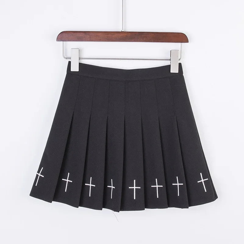 High Waist Pleated Skirt Elastic Waist Cross Embroidery black Pleated