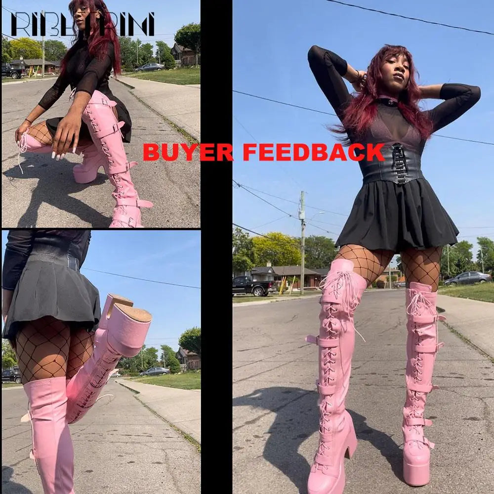 Goth Women Motorcycle Boots Block High Heels Platform Cool Street Boots