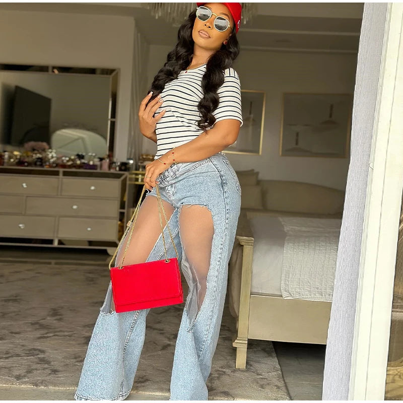 2025 Designer Women's Jeans Pant Blue Denim With Sheer Mesh Knee Panels Hip Hop Style Distressed High Waist Streetwear Trousers