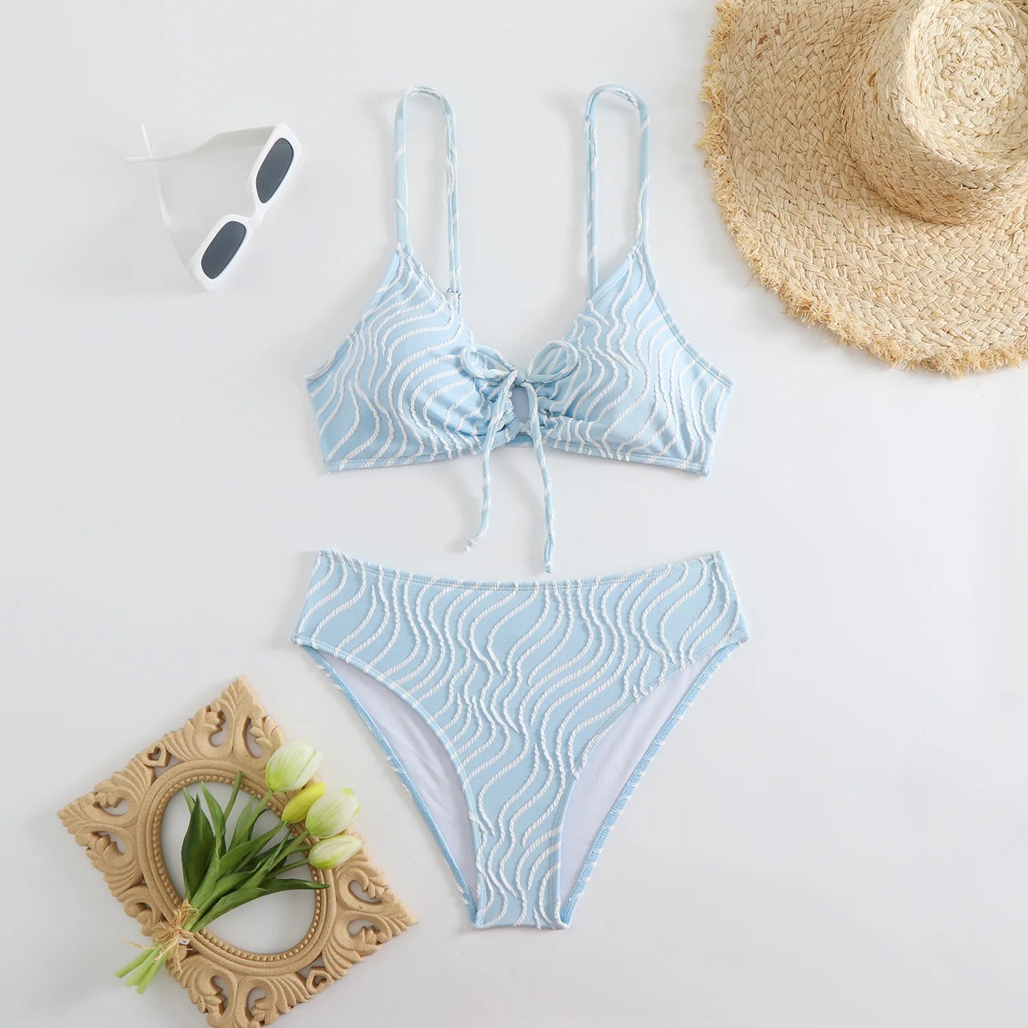 Bikini Set Stripe Print 2 Piece Drawstring Lace-up V Neck Suspender Backless