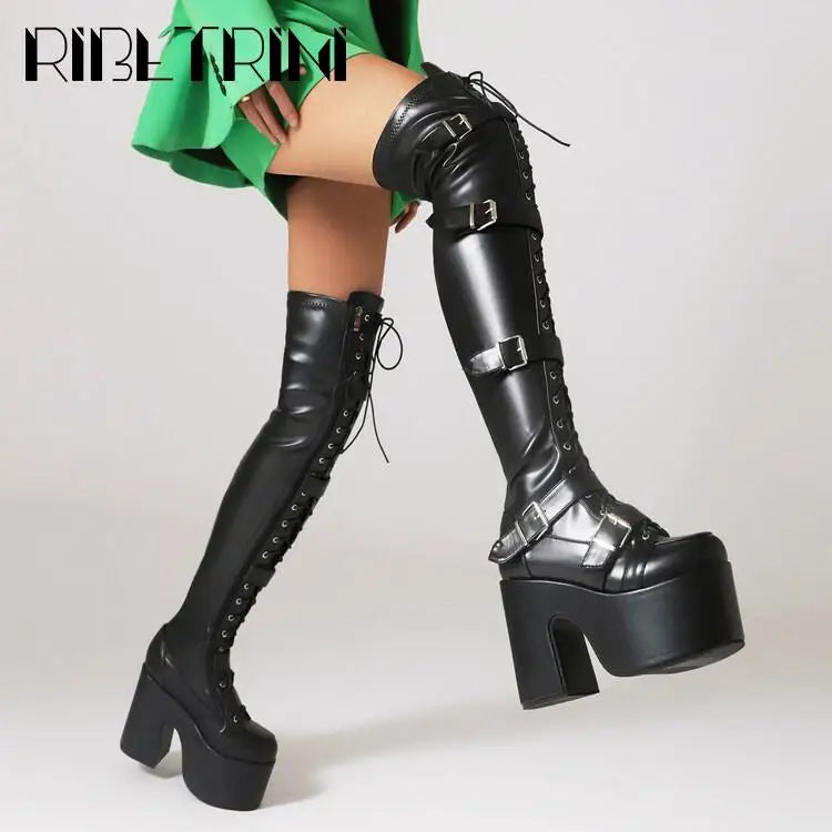 Goth Women Motorcycle Boots Block High Heels Platform Cool Street Boots