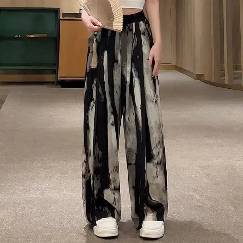 Women's Thin Casual Ice Silk Chiffon Wide Leg Pants Strap Drop Straight Tube Floor Trousers Korean Women