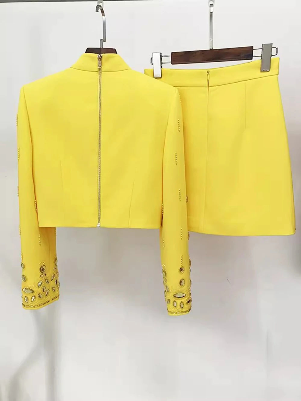 Long Sleeve Short Top and Mini Skirt Suit Outfit, Diamond Beaded Design,High Quality, 2 Pcs Set