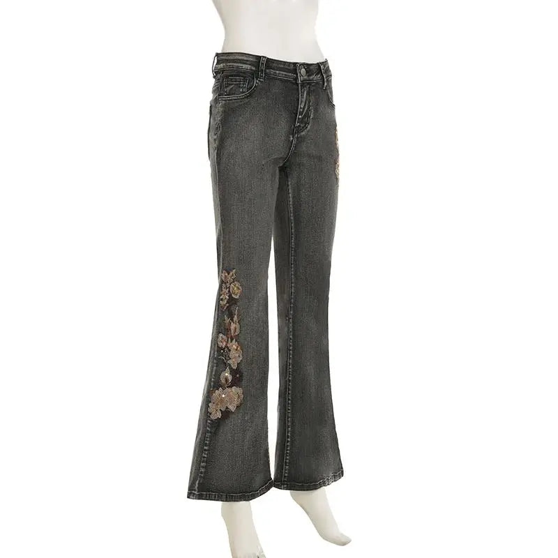 Beaded Embroidered Micro Slim Flare Jeans Street Y2k