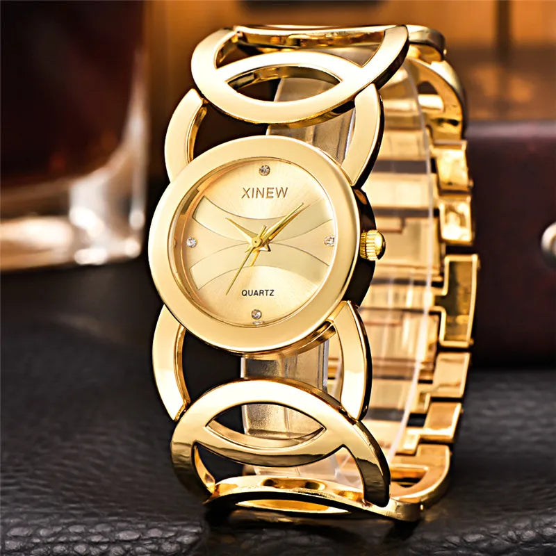 Ladies Casual Golden Luxury Quartz Bracelets Watch